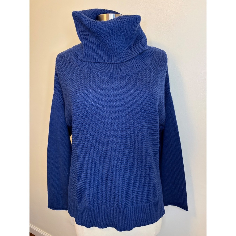 Eileen Fisher Blue Merino Wool Waffle Knit Turtleneck Sweater Womens M Preppy